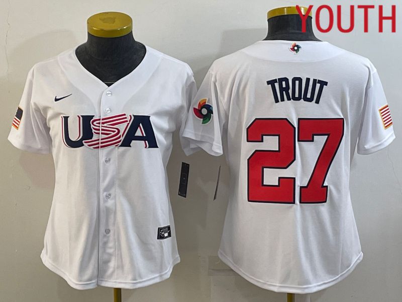 Youth 2023 World Cub USA #27 Trout White MLB Jersey7
